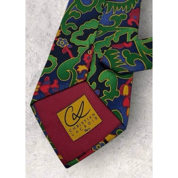 CHRISTIAN LACROIX Silk Tie ITALY Green Blue Botanical W:4" EUC - Picture 4 of 5